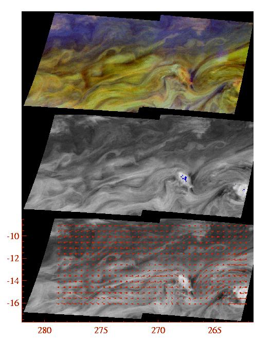 Images of the storm region composited from Galileo spacecraft images. There are two storm centers, located at latitude 14S, longitude 268W and latitude 15S, longitude 263W.