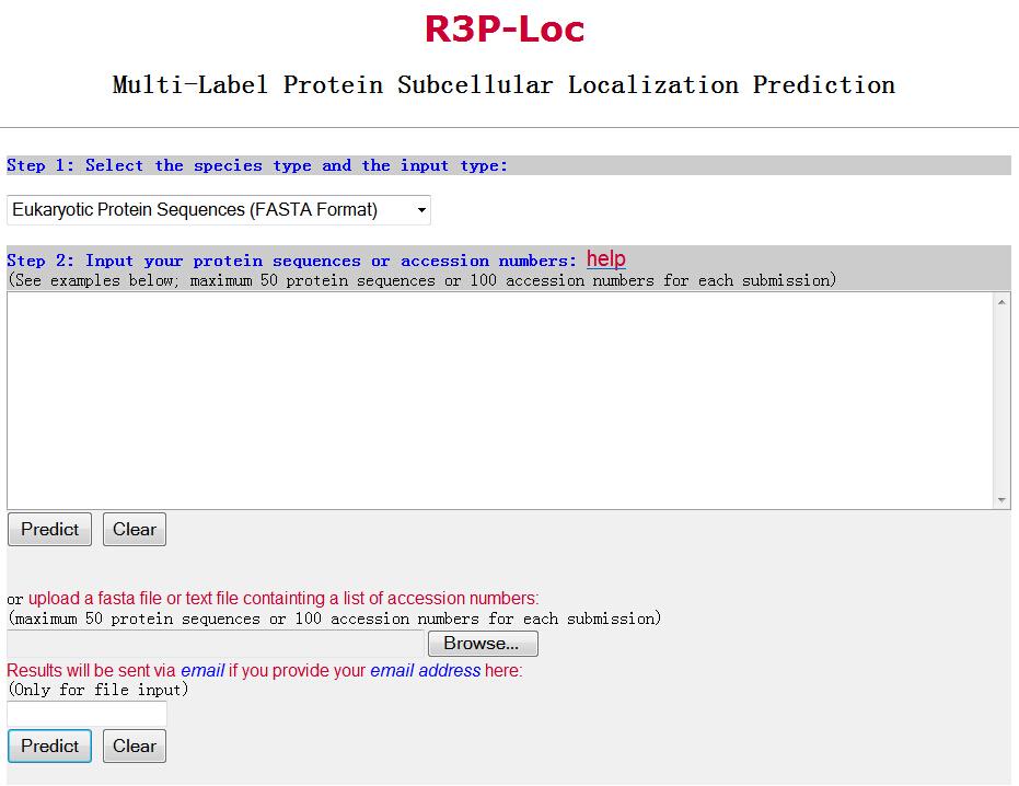 Figure 1: Interface of the R3P-Loc web-server. For plant proteins, R3P-Loc is designed to predict 12 subcellular locations of multilabel plant proteins.