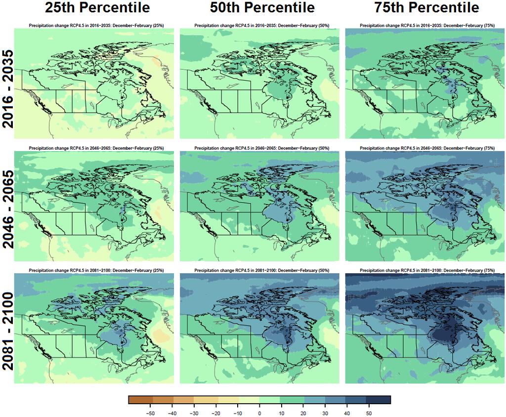 Figure 9: Maps of winter precipitation change projected by the CMIP5 multi-model ensemble for the RCP4.5 scenario, averaged over December February.