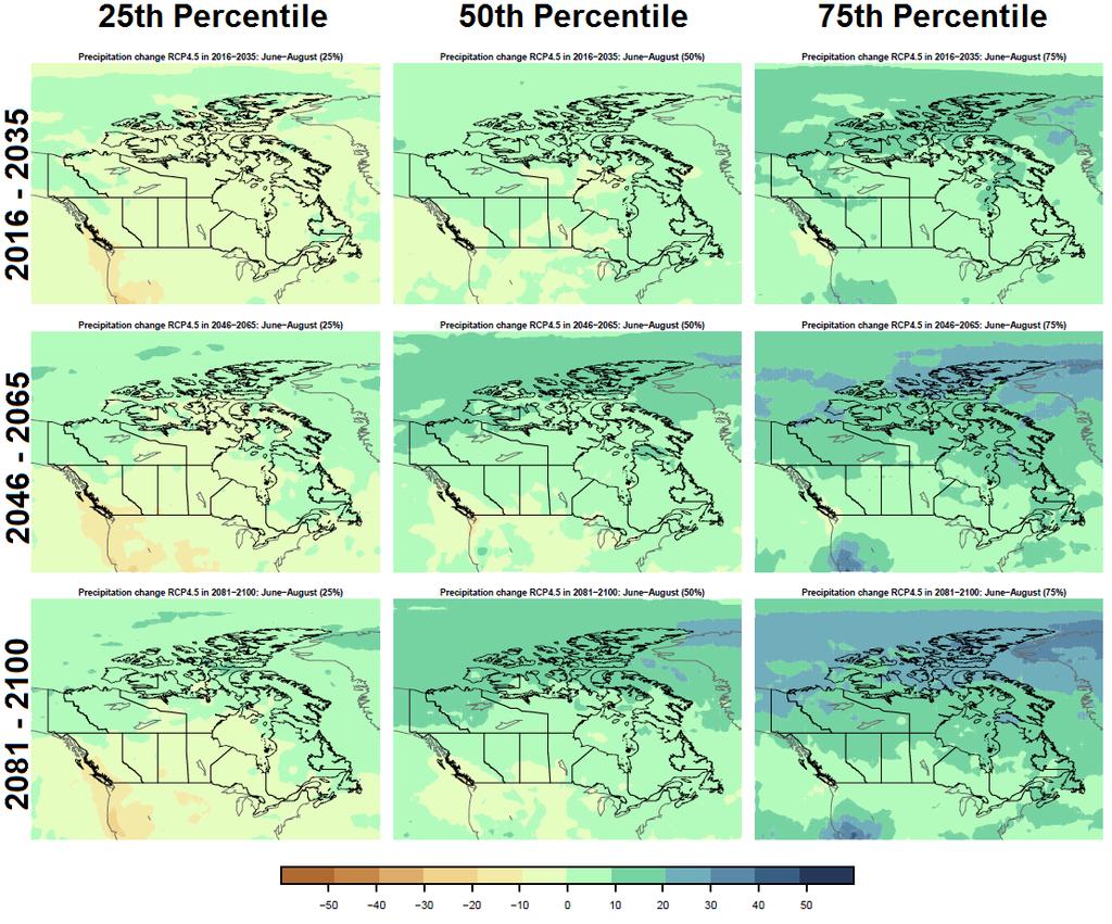 Figure 10: Maps of summer precipitation change projected by the CMIP5 multi-model ensemble for the RCP4.5 scenario, averaged over June August.