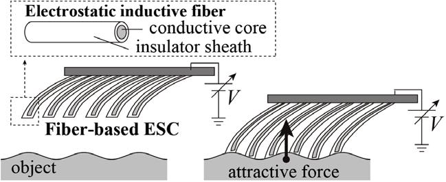 Figure 1. Concept of fiber electrostatic chuck (ESC). The fibers introduce compliance to the ESC which conform to the surface profile. to realize the adhesion.