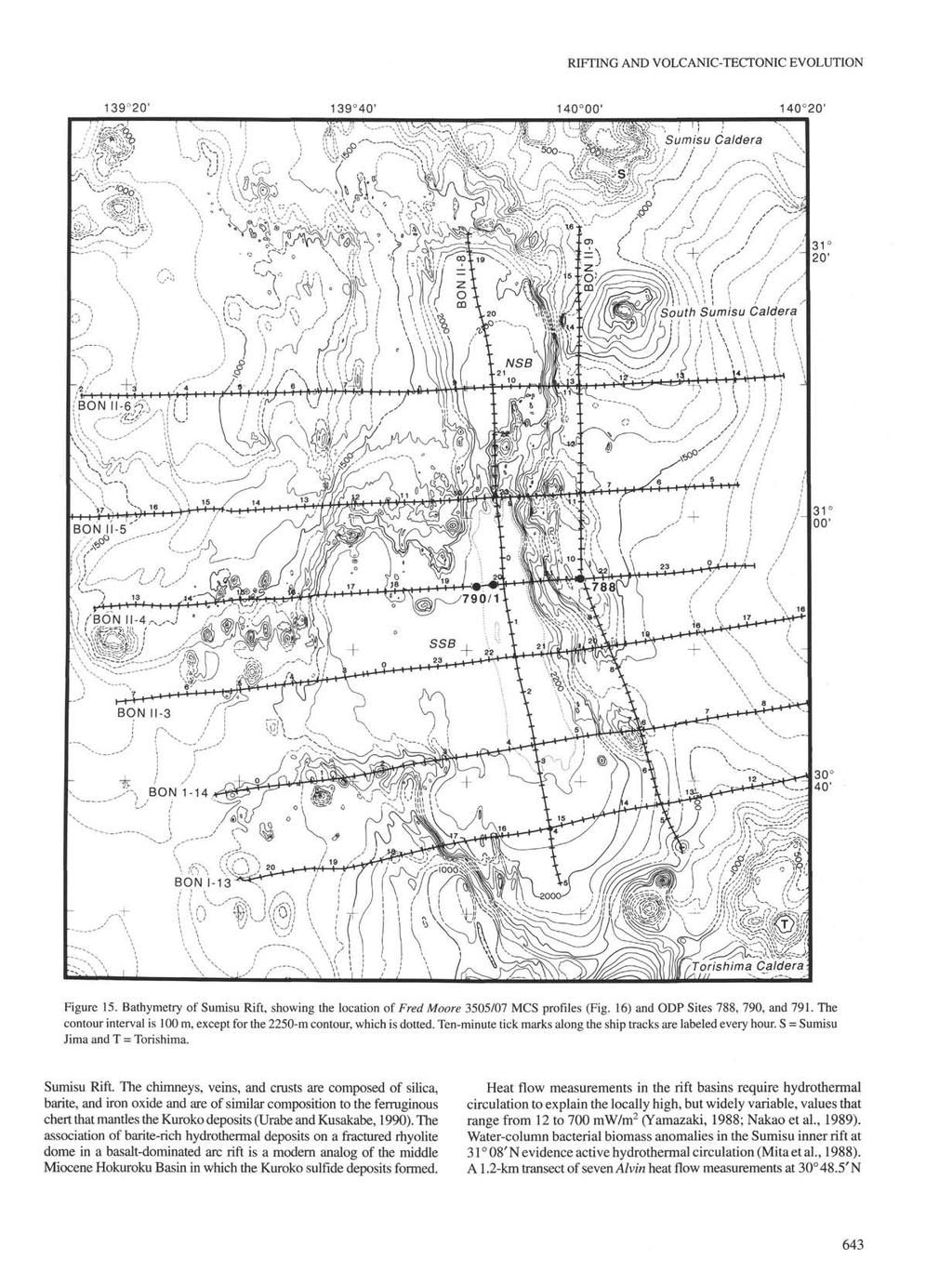 RIFTING AND VOLCANIC-TECTONIC EVOLUTION 139 20' 139 40' 140 00' 140 20' Caldera /Torishima Caldera Figure 15. Bathymetry of Sumisu Rift, showing the location of Fred Moore 3505/07 MCS profiles (Fig.