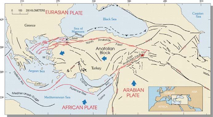 Tectonics of Turkey is the consequence of the Anatolian plate s movement due to the squeeze between the Arabian and the
