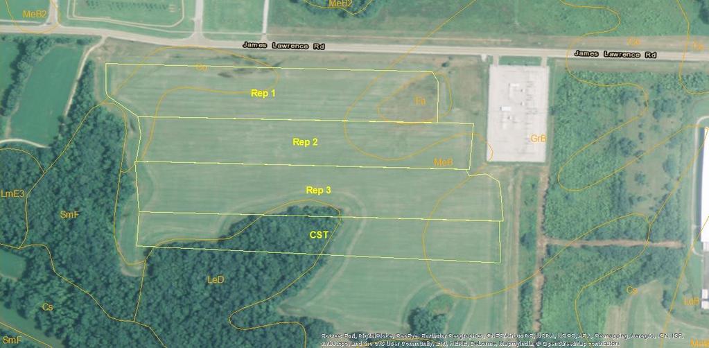 Figure 2: Plot layout, soil map units, and aerial imagery of the 2015 Huntersville Large Plot Replicated Trial. Table LVAR3.