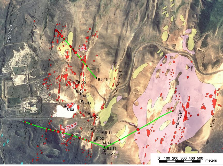 Figure 6. Bjarnarflag location of boreholes, well paths and feed zones. Table 1. Boreholes in Bjarnarflag field. Well Drilling Prod. Liner Dia. Depth no. year c.