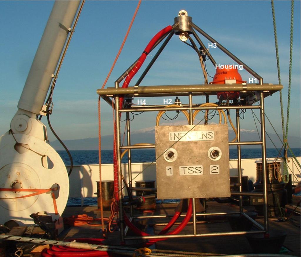 368 Migneco: Experimental high energy neutrino astronomy Fig. 3. The titanium frame installed on Test Site. The ROV operable electro-optical connectors are visible on the front panel.