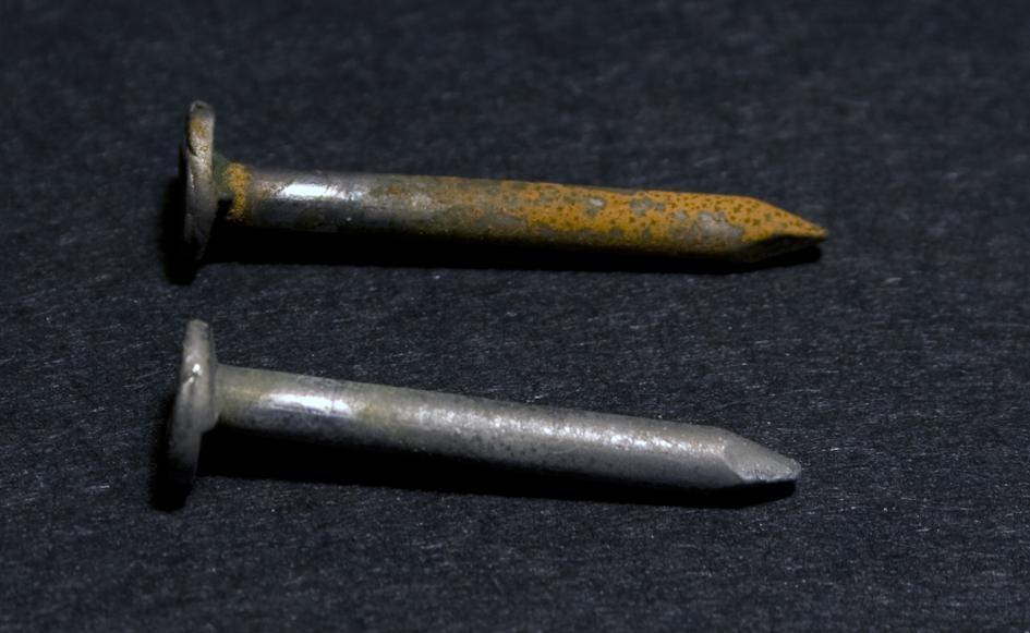 Another example of a chemical change is rust forming on an iron nail. First, oxygen molecules come apart.