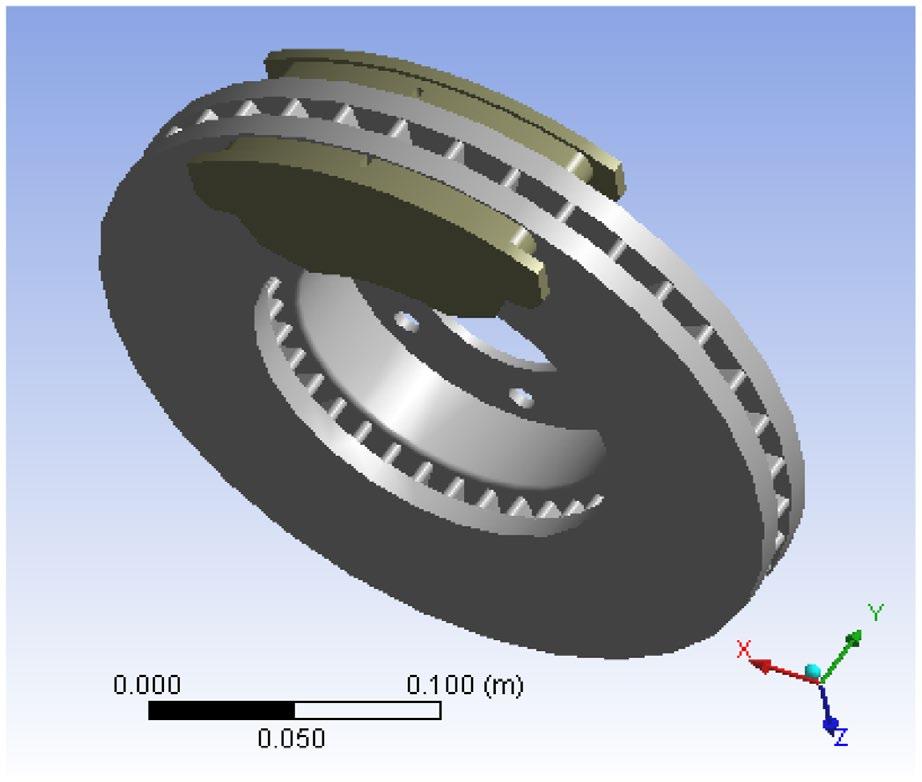 Australian Journal of Mechanical Engineering 31 torsion and shear modes. This high stress concentration can cause a rupture to the bolt holes. Figure 11. CAD model of the disc and pads. Figure 12.