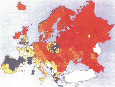 MOŠKI ŽENSKE Slika 1: Starostno standardizirane stopnje umrljivosti zaradi srčnožilnih bolezni v Evropi, ločene po spolih, za leto 1995.