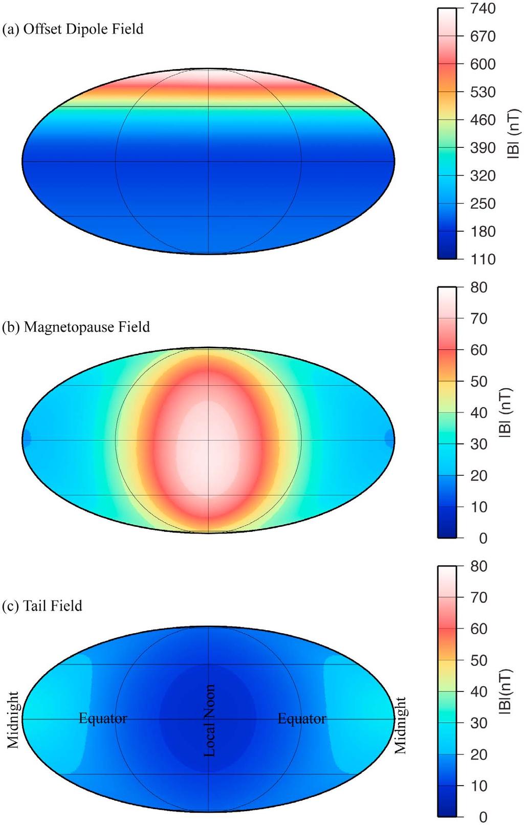 Figure 12. Mollweide projections of magnetic field magnitudes predicted at Mercury s surface (R M = 2440 km) for the (a) offset dipole, (b) magnetopause, and (c) tail model fields.