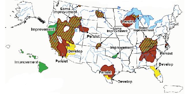 Seasonal Drought Outlook through February 2009 According to the U.S. Drought Monitor (page 8), hydrologic drought conditions have persisted since earlier in the summer across a swath of central