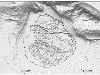 Bathymetry and topography as in Figure 1 (horizontal resolution 50 m) shaded from the south. Contours at 50 m vertical interval.