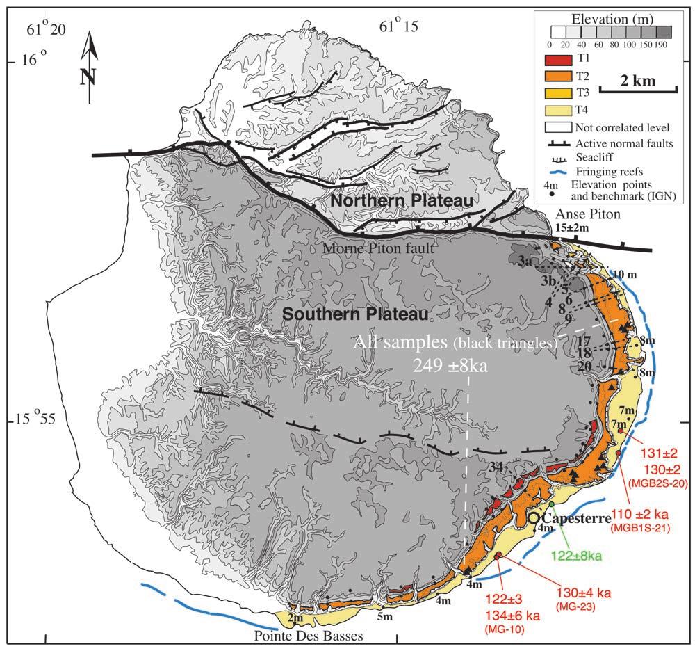 Figure 3. Reef terraces on the Marie-Galante southeastern coast. Topography redrawn from 1/25,000 scale French Institut Géographique National map. Faults as in Figure 2b.