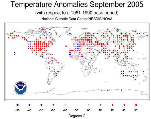 The dot map provides a spatial representation of anomalies calculated from the Global Historical Climatology Network (GHCN) data set of land surface stations using a 1961-1990 base period During