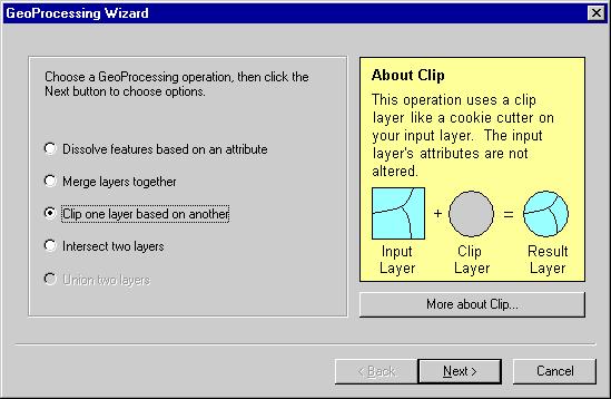Step 11b: Clip data with the Geoprocessing Wizard c) Click Next. Now you need to specify the clip parameters. For the input layer to clip, choose streets arc.