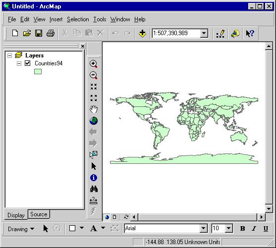 The world countries are displayed in ArcMap.