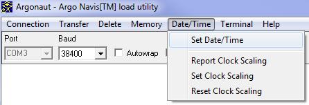 Using Argonaut TM to set the Argo Navis TM date/time Ensure that your SETUP SERIAL BAUD rate matches that of Argonaut TM and that the STARTUP command is set to navis.