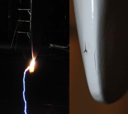 In contrast to the conventional blade, the carbon loaded blade failed the test in the first orientation. The flashover happens between the tip of the blade and the ground plane.
