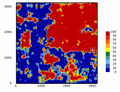 Figure 5. A risk map based on 100 conditional simulations with an r = -0.95 showing the probability that porosity is 9%. Figure 6. A map of porosity based on kriging 55 values.