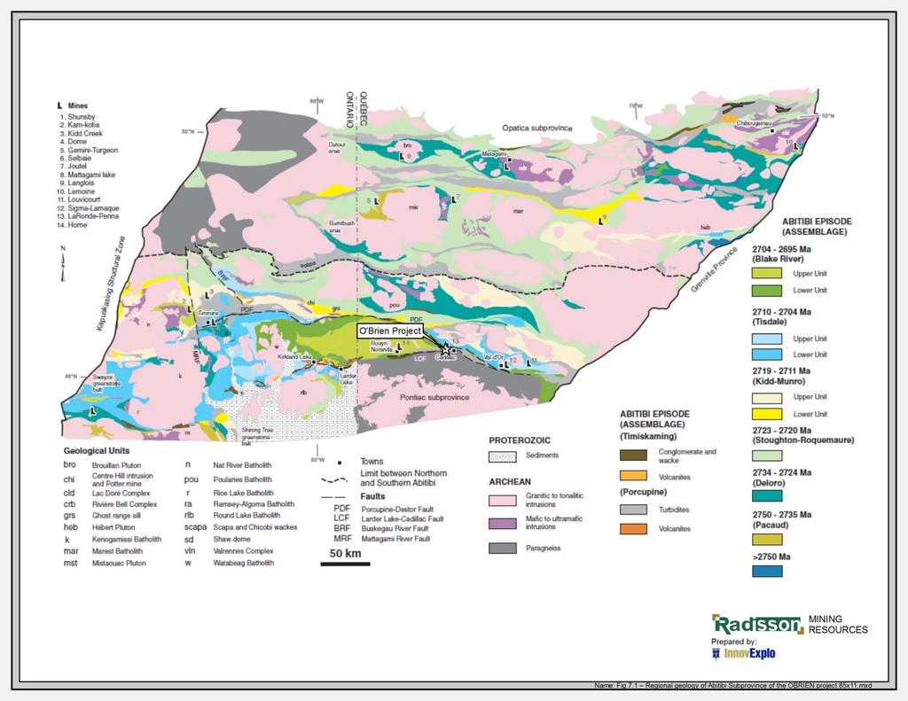 Figure 7.1 Stratigraphic map of the Abitibi Greenstone Belt. The geology of the southern Abitibi Greenstone Belt is based on Ayer et al.