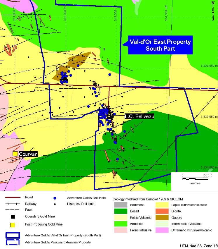 NI 43-101 Technical Report - Mineral Resource - Val-d Or East Property - Abitibi, Qc, Canada Page 58 Figure 10-2 Zoom Map of Drilling Work in the South Part of Property 10.