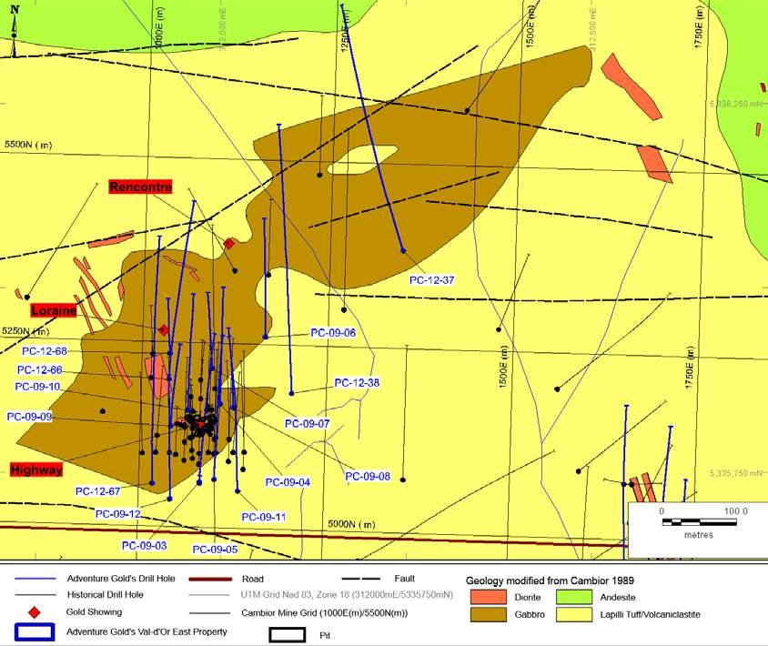 NI 43-101 Technical Report - Mineral Resource - Val-d Or East Property - Abitibi, Qc, Canada Page 61 3.8 m, included in a cut of 3.2 g/t Au over 14.2 m at 125 m depth, and 2.2 g/t Au over 11.