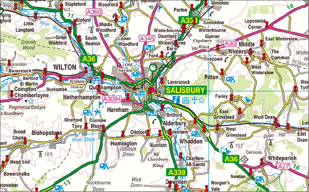 Figure (2) below shows an extract of 1:250 000 Scale Colour Raster for the area around the Salisbury area, with the gazetteer entries shown by inserting the National Grid coordinates supplied in the