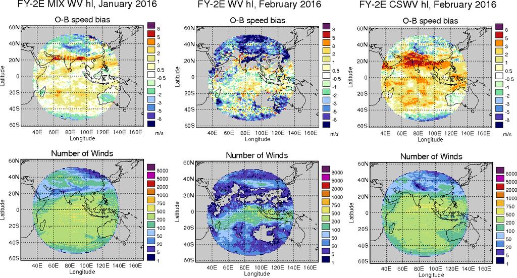 Figure 12: Change in FY-2E O-Bs from mixed WV winds in January 2016 (left column) to cloudy WV winds (middle column) and clear-sky WV winds (right column) in February 2016.