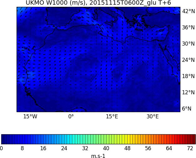 Figure 28: UKMO model background winds valid at 12UTC, 15th November 2015. Left: winds at 1000 hpa. Right: winds at 200 hpa.