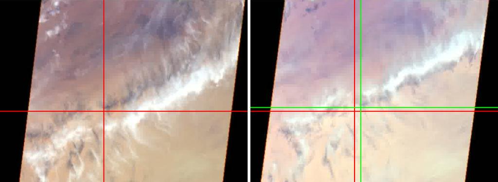 The crosses mark the south-west edge of one cloud feature s shadow as an example. The red cross is the location in the forward view, the green cross is the location in the aft view.