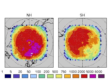 Figure 33: Spatial distribution of Suomi-NPP VIIRS winds, all height levels, September to December 2015. Feature 7.6.
