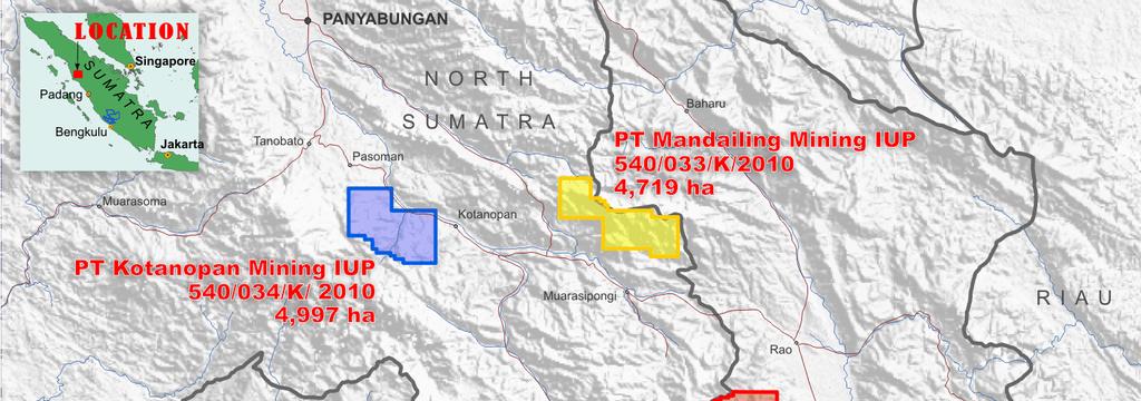 Location of the Mandailing Natal IUPs The Company's other IUP covers 24,850 hectares (249 km²) in the regency of Pasaman in the province of West Sumatra and was issued to PT Nusa Palapa Minerals on