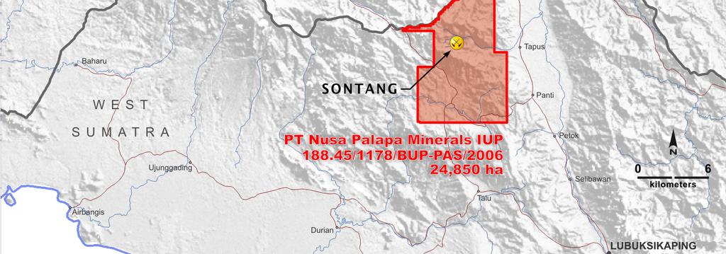 45/1178/BUP-PAS2006) issued to PT Nusa Palapa Minerals on 15 May 2009 covering 24,850 hectares (249 km²) in the regency of Pasaman in the province of West Sumatra over the Sontang Project, the
