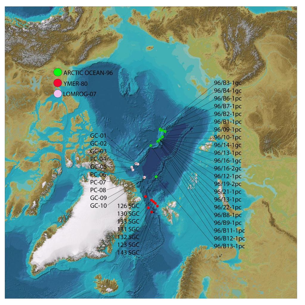 Fig. 7 Coring sites with core-id. Green dots for cores raised during expedition ARCTIC OCEAN-96, red dots for YMER-80 and pink dots for LOMROG-07.