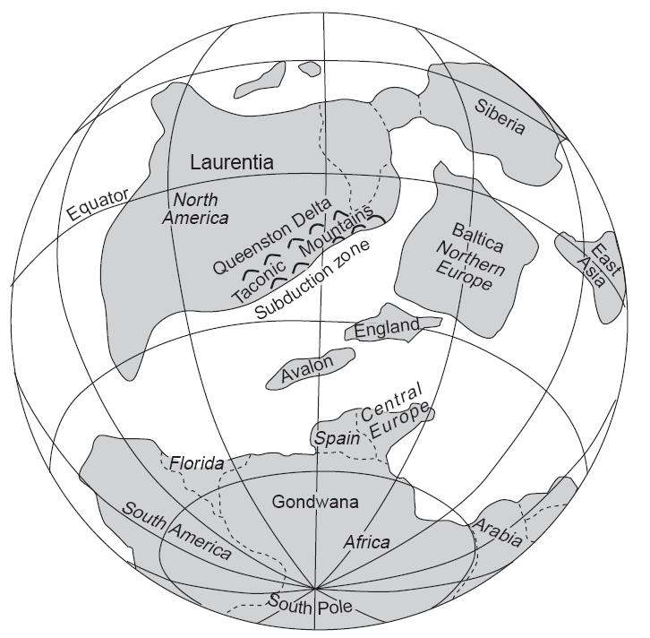 [1] Base your answers to questions 12 through 14 on the map below, which shows the inferred position of Earth s landmasses at a particular time in Earth s history.