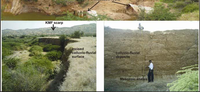 GPR survey (site 1) was carried out at the lefthand corner of the photograph. c, View of the incision of colluvio-fluvial surface by a stream to the east of Dhrang.