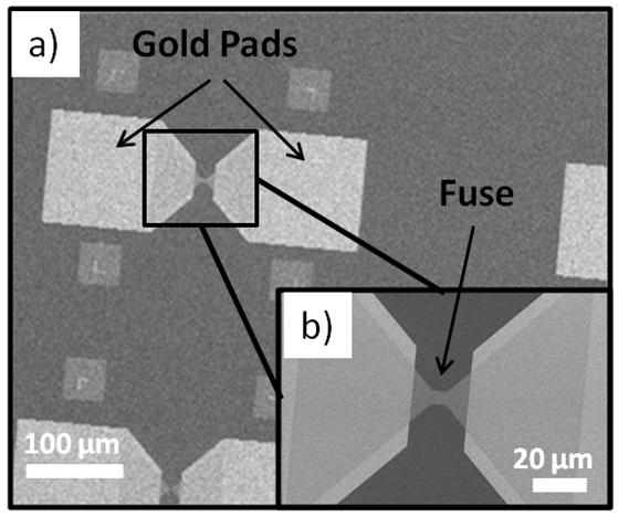 Figure 6.4. Fuses fabricated using electron beam lithography. a) Shows the entire structure where Au pads are fabricated to provide low resistance contact for probing using micromanipulator probes.