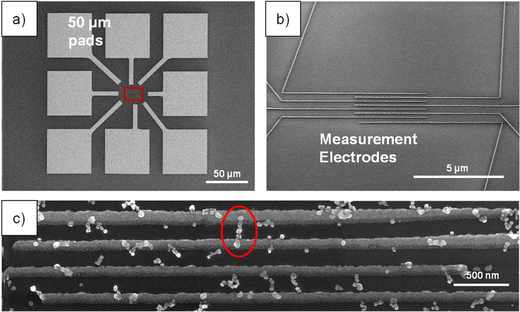 Figure 4.6. Electrode set geometry for electrical measurements of metallized DNA origami. (a) 50 µm pads allowing electrical connection by micromanipulator probes.