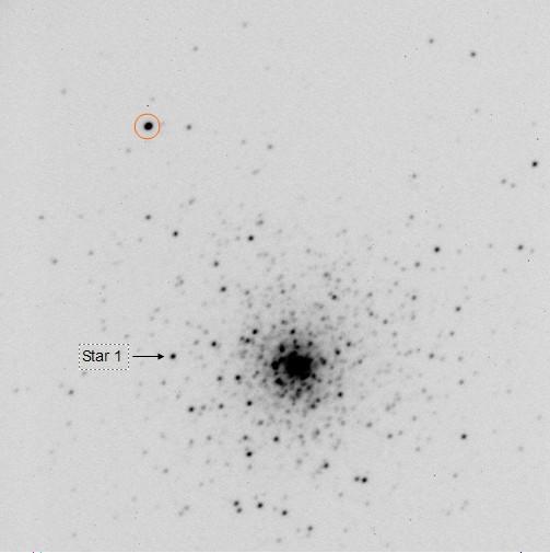 Figure 2: M80-B.fits, seen as astronomers view their images reversed with black stars on a white sky background.