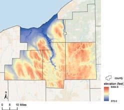 Figure 3a: Predicted elevation surface for northeastern Ohio created using kriging. Figure 3b: Standard error of prediction surface. lowest elevation is smaller than some value.