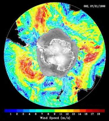 Image 4: Wind Speed around Antarctica Antarctic Exploration Investigation One Credit: NASA Satellite: QuikSCAT Sensor: SeaWinds (radar) Image date: 07/21/1999 This radar image shows how fast the wind