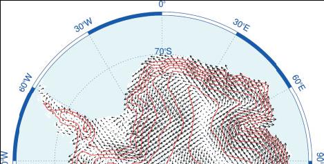 In the Ross and Weddell seas katabatic winds are funnelled in by the ice sheet geometry and steered