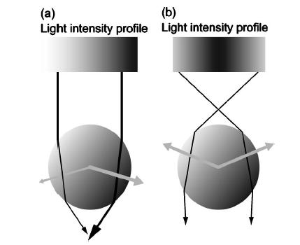 Figure 3 The forces (grey arrows) experienced by a particle in light beams with different intensity profiles.