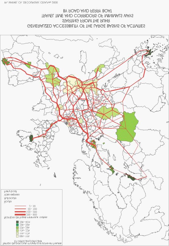 Figure 11. Generalised accessibility of large basins of activities This map shows accessibilities for many cities (unipolar accessibility).