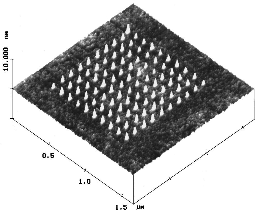 1209 Servat et al.: Oxidation of Si(100) using TMAFM 1209 FIG. 1. TMAFM image of a native oxide covered Si 100 surface in which 100 dots 30 nm wide and 1 nm high have been written.