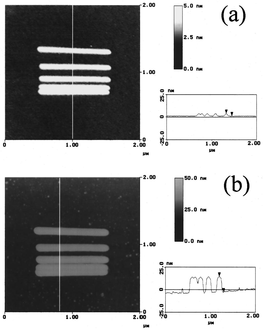 1210 Servat et al.: Oxidation of Si(100) using TMAFM 1210 FIG. 3. a TMAFM image of a H-passivated Si 100 surface in which five oxide lines, 1 m long, 2.5 nm high and 100 nm wide, have been induced.