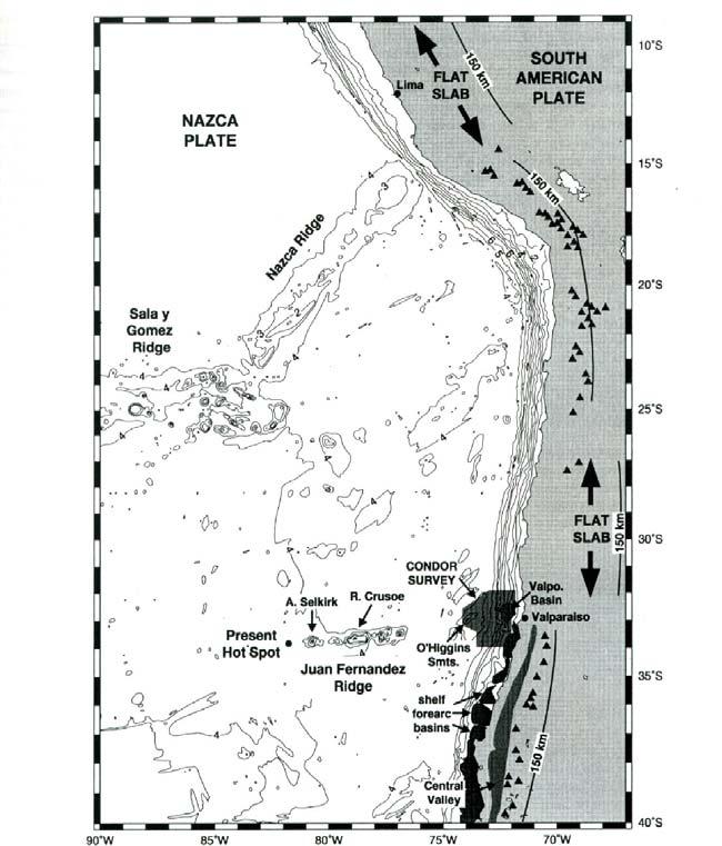 Juan Fernández Ridge location in relation to continental margin & flat slab region.