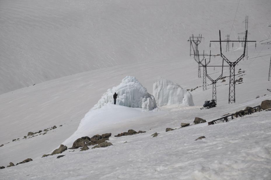 spray from an elevated point freezing into a block of ice during winter time. Fig. 1 shows an experiment on Mount Aragats, Armenia.