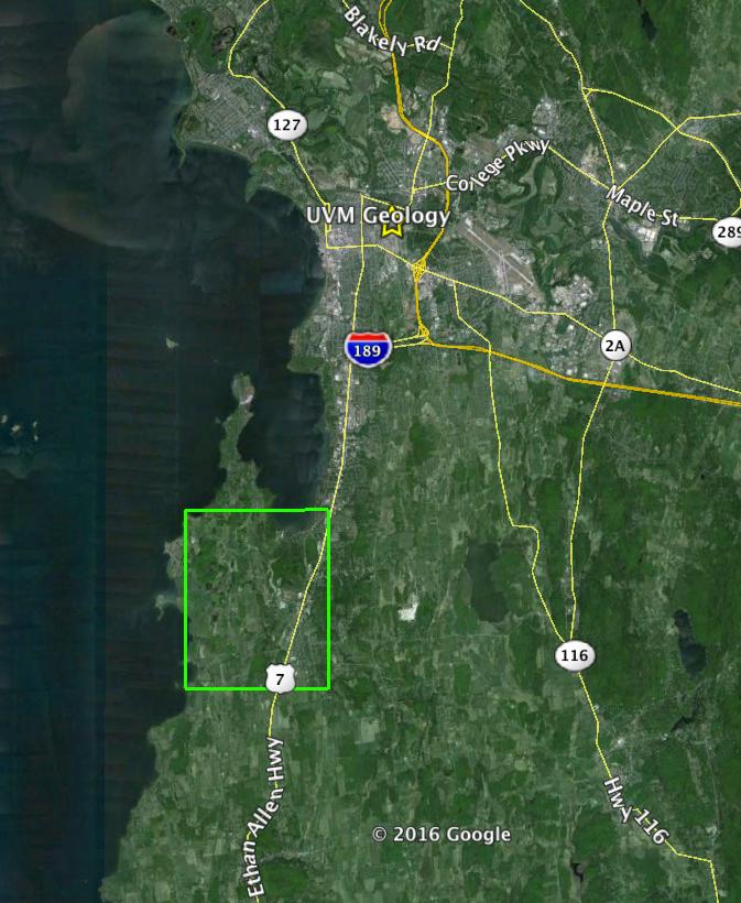 Figure 1. Satellite image of the Champlain Valley, with the study area shown in the green box.