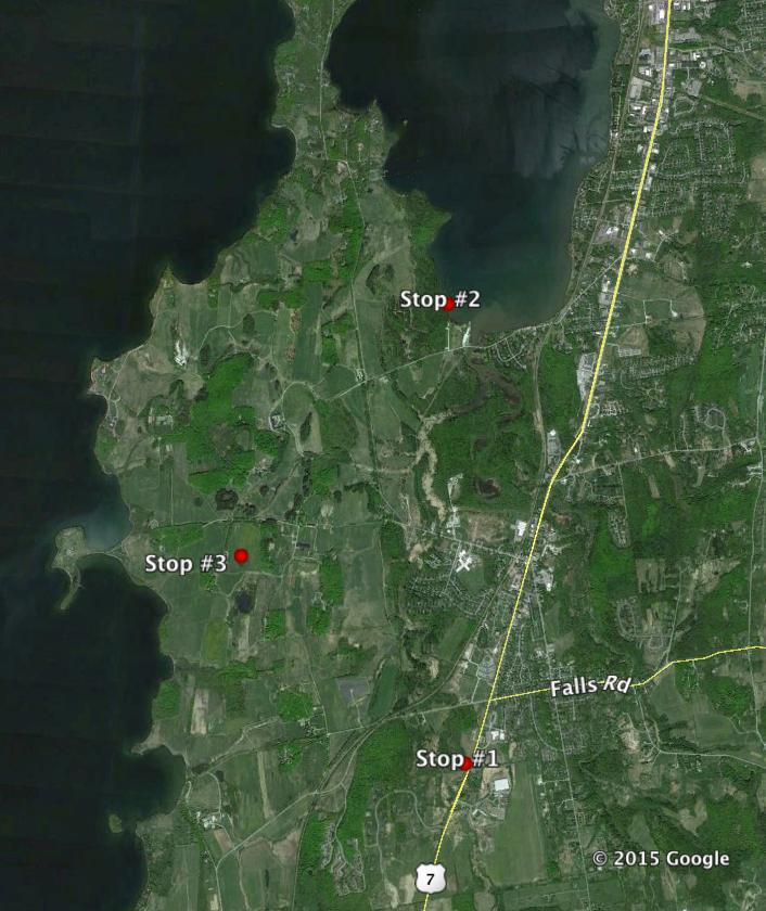Figure 2. Satellite image of the three stops in the Shelburne area. Stop 1 location: 44.
